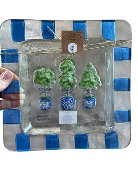 Mud Pie Topiary Glass Plate NWT Blue Green Square 9”x9”